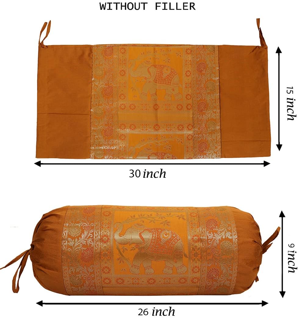 Ethnic Jacquard Brocade Silk Bolster Yoga Rectangular Pillowcase Cover Elephant Brown Tubular Massand Living Room Decorative Hotdog Indian Throw Pillowcase 76x38 cm - Set of 2 Pcs