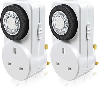 EXTRASTAR 24 Hour Mechanical Segment Timer Switch, [2 Pack] Energy Saving UK Mains Wall Plug in Socket with Programmable Time Controller - White