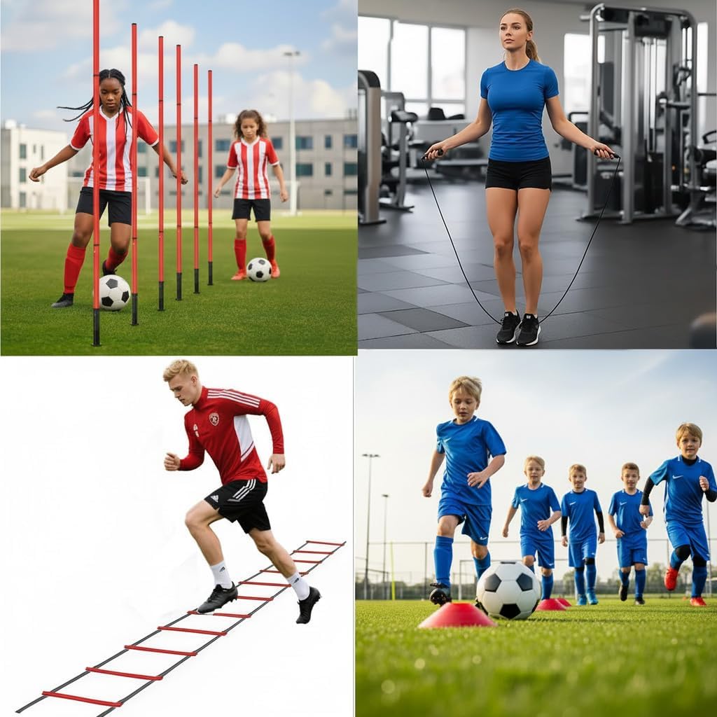 Soccer Agility Training Equipment, 6 Adjustable Soccer Training Agility Poles, 1 Speed Agility Ladder,10 Soccer Agility Cones for Training, 1 Jump Rope + Storage Bag for Youth Soccer Drills