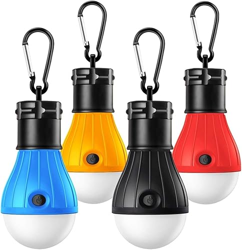 Camping Lights, Tent Lights with Carabiner Clips - Waterproof Portable Battery Operated Emergency Tent LED Light Bulb Lamp Lantern for Outside Camping Outdoor Hiking Fishing (4 Pack)