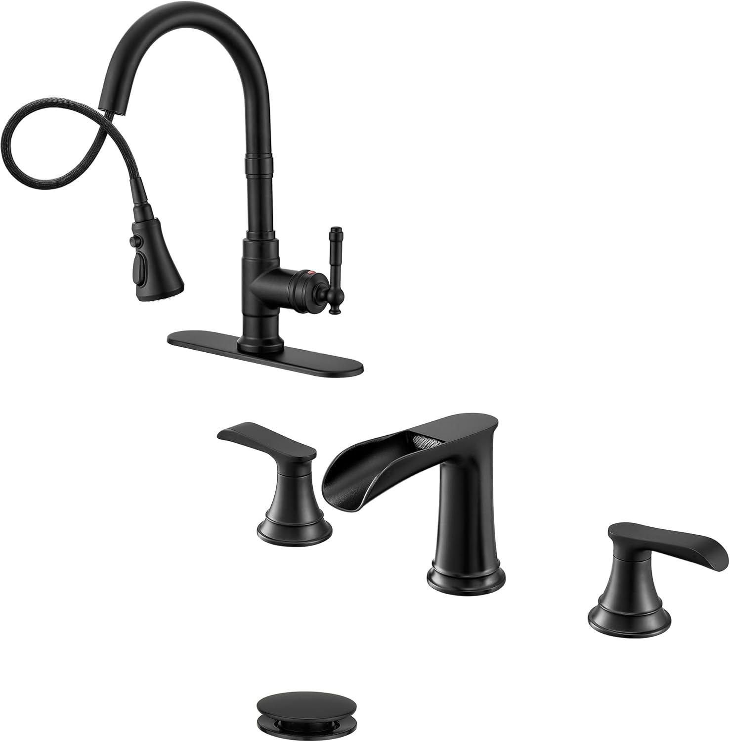 Pull Down Kitchen Faucet & Bathroom Faucet, 3-Modes Black Kitchen Faucet with Sprayer 1 Hole, 4-16 Inch Brass Waterfall Bathroom Sink Faucet 3 Hole with Drain