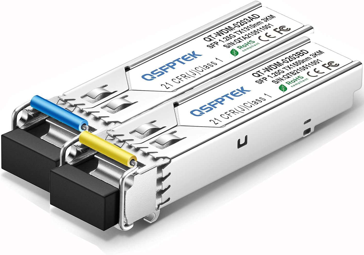 QSFPTEK Module SFP BIDI 1.25G, 1000Base-BIDI WDM, émetteur-récepteur 3 km Simplex LC DDM, Tx1310/Rx1550 nm, compatible avec Cisco GLC-BX-U et GLC-BX-D, Ubiquiti, Mikrotik, D-Link, Supermicro