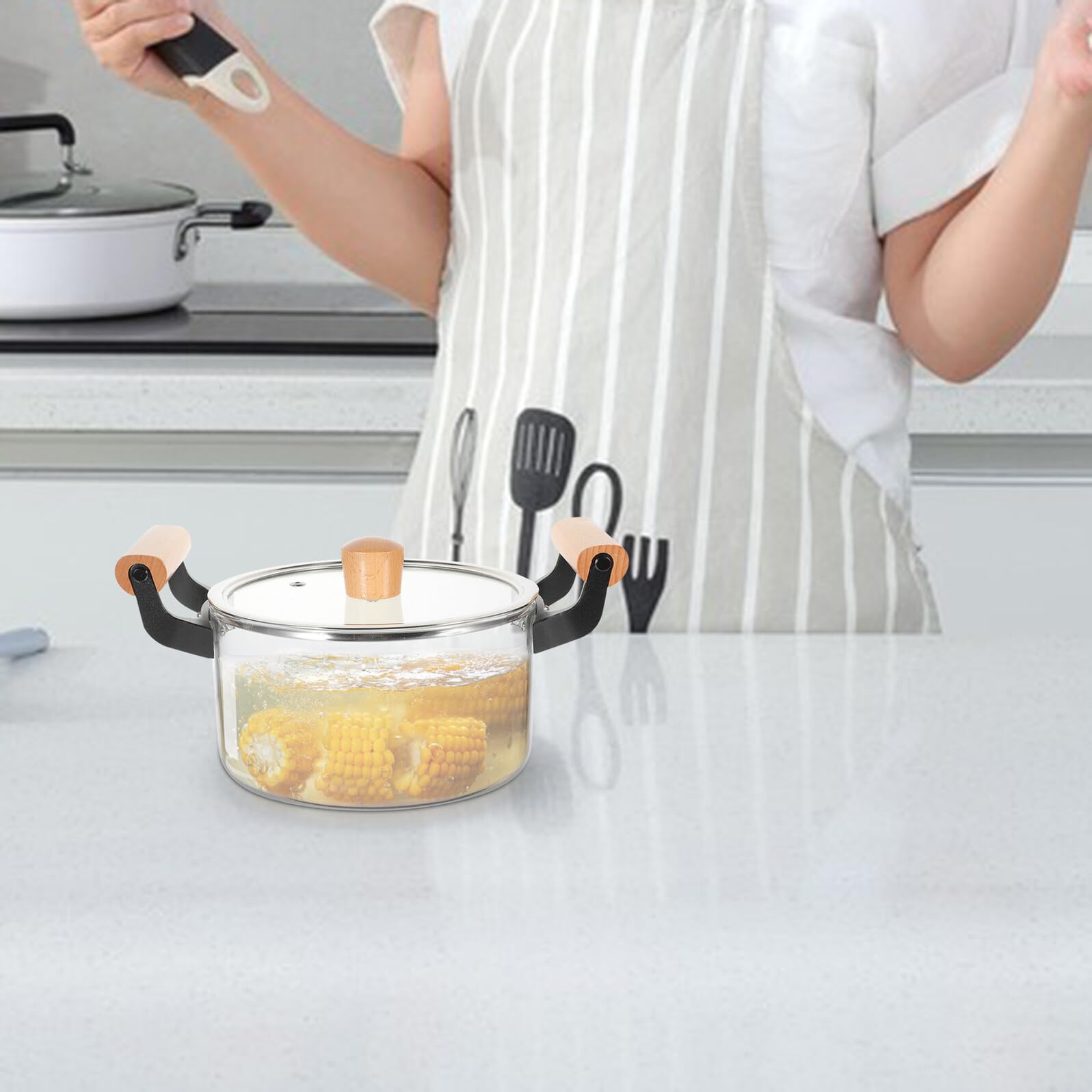 Didiseaon Pentola Per Zuppa e Cuoci-pasta Da Cucina in Vetro Trasparente Resistente Al Calore 2,5l Coperchio e Manici in Legno, Adatta Per Cucina Casalinga e Preparazione Di Zuppe, Riso e Noodles