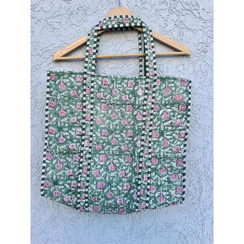 Image of Quilted Cotton Hand printed Reversible Large multicolor cotton Tote Bag,Indian Handmade Block Printed Tote Bag Women Handbag