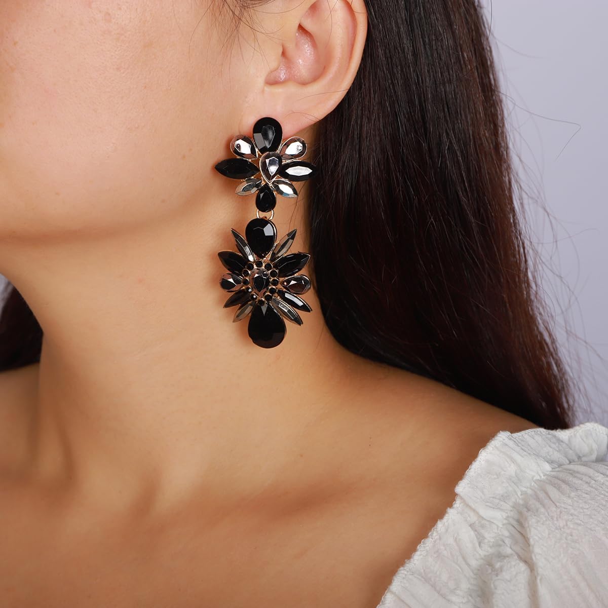 Xerling Rhinestone Floral Earrings Bridal Sparkly Statement Earrings for Women Girls - Image 2