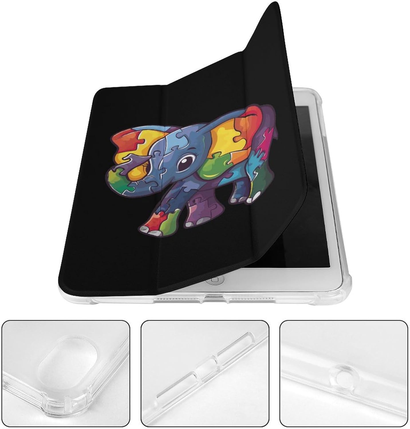 Autism Awareness Puzzle Elephant Cute Case Compatible for Mini4/5（7.9in） Trifold Tablet Protective Cover with Pencil Holder