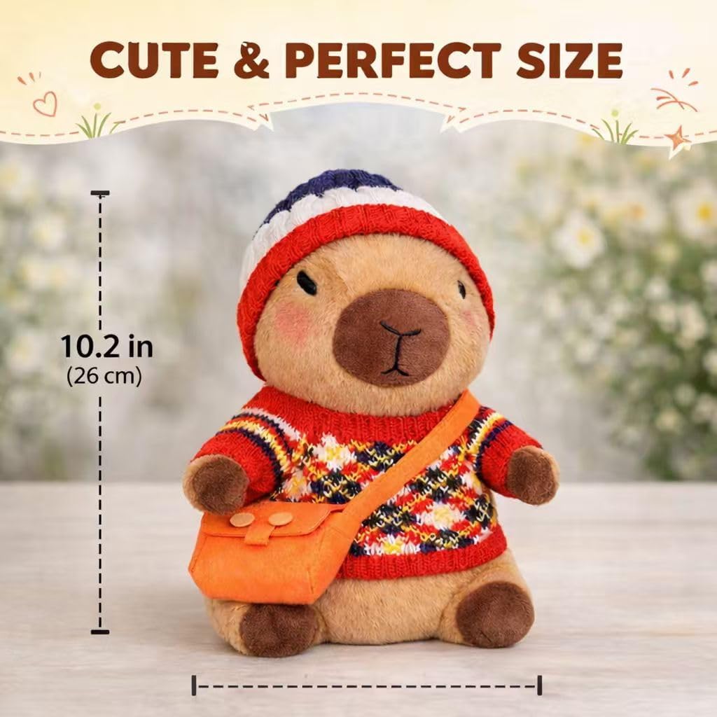 Capybara Plush Toy with 7 Pcs Clothes & Accessories, Cute Capybara Stuffed Animal with Outfits (red)