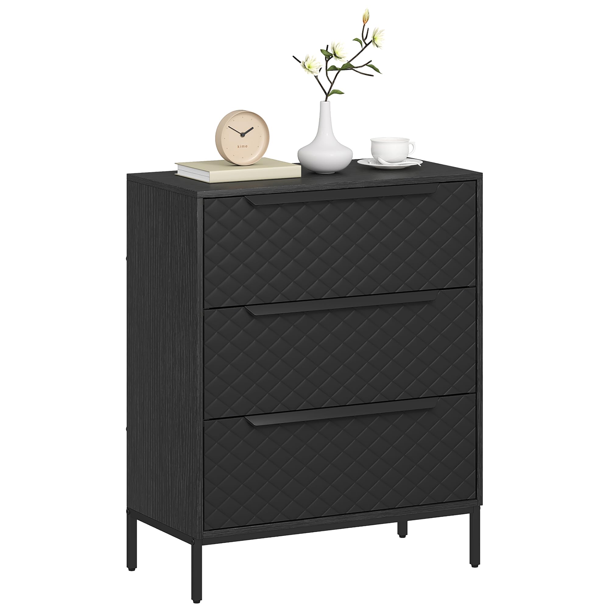 HOMCOM Chest of Drawers, Dresser with 3 Fabric Drawers, Bedroom Storage Unit with Aluminium Handles and Wood-effect Top for Living Room, Hallway, Entryway, Black