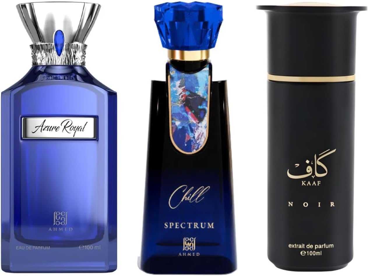 Ahmed Al Maghribi Luxury Fragrance Collection Pack of 3 | Azure Royal, Spectrum Chill & Kaaf Noir Extrait De Parfum | 3 x 100ml Long Lasting Unisex Perfume Gift Set for Men & Women