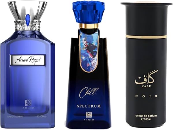 Set de lujo de fragancias Ahmed Al Maghribi, paquete de 3 | Azure Royal, Spectrum Chill y Kaaf Noir Extrait De Parfum | 3 x 100 ml Perfume unisex de larga duración, set de regalo para hombres y mujeres