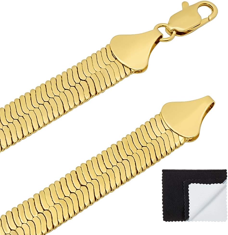 The Bling Factory 10.8mm 14k Yellow Gold Plated Flat Herringbone Chain Necklace - Image 8