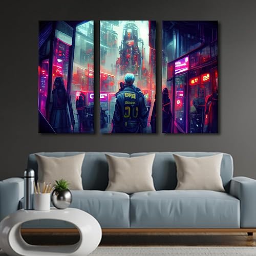 Miniatura 2 de Cyberpunk - Lienzo decorativo para pared, estilo futurista de videojuegos, impresiones sobre lienzo, 3 paneles, lienzo moderno para hombres,