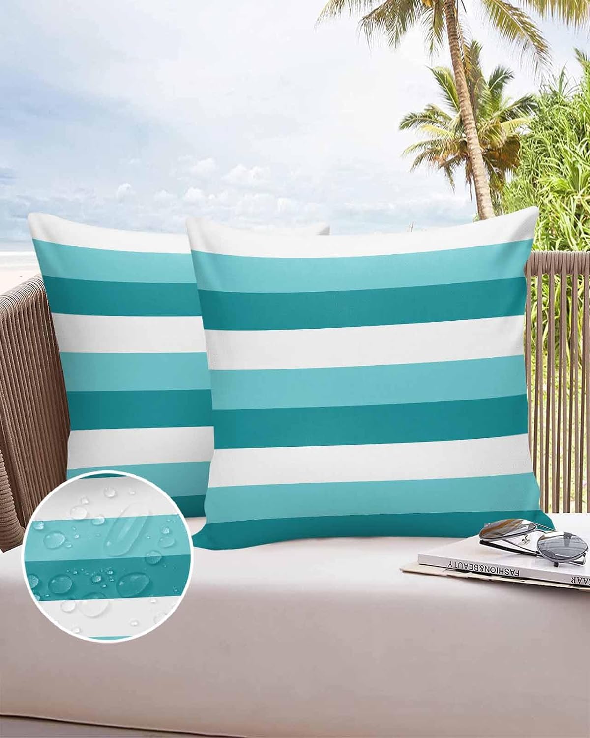 Pack of 2 Turquoise Green Stripe Outdoor Pillow Waterproof Covers 24x24 inch, Modern Art Polyester Throw Pillow Covers Garden Cushion Decorative Case for Patio Couch Decoration