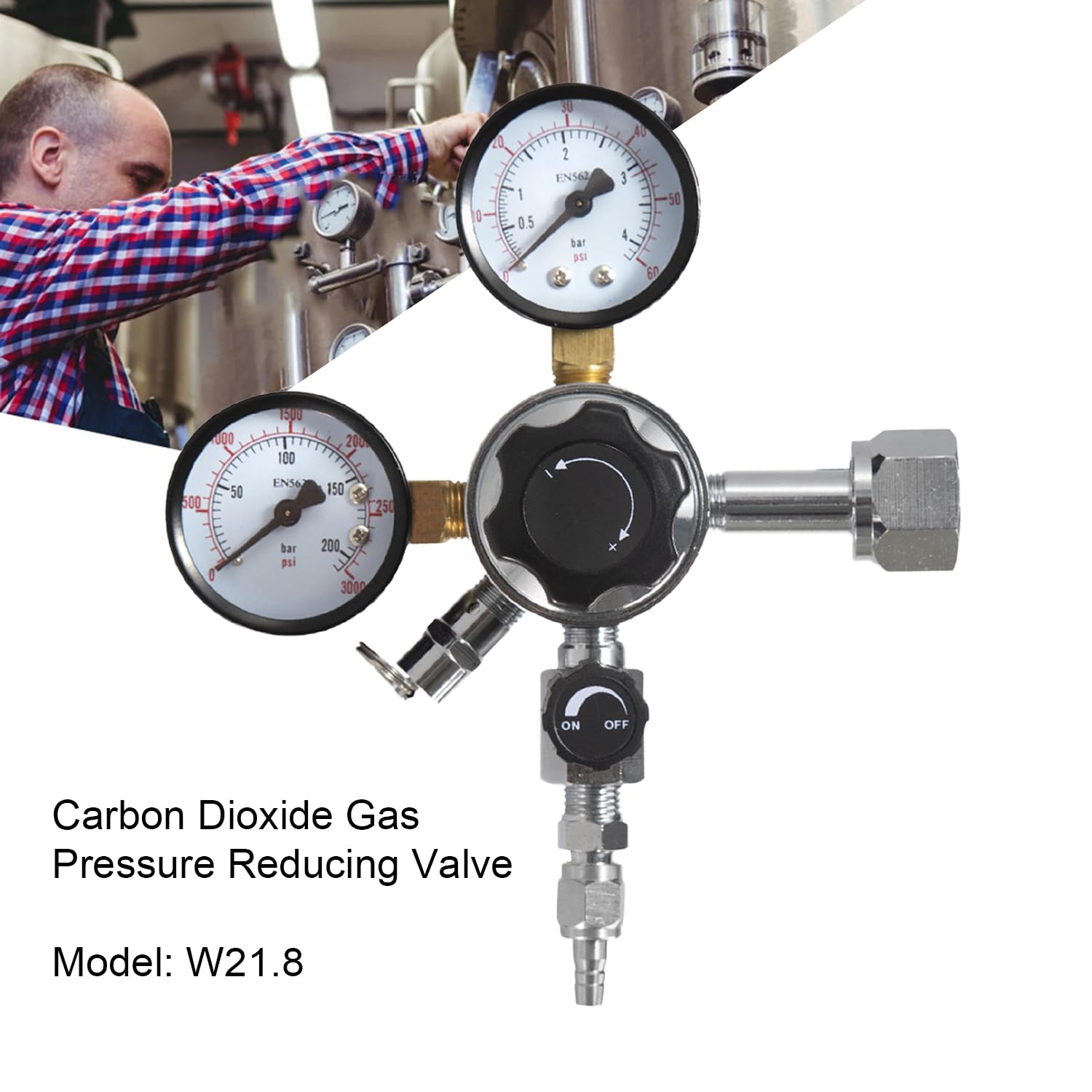 Regulador de Presión CO2,Regulador de Botella de Gas,Dióxido de Carbono Reductor de Presión con Manómetro Doble,W21.8,0-60 PSI 0-3000 presión del tanque,para Máquina de Cerveza,Elaboración de Cerveza