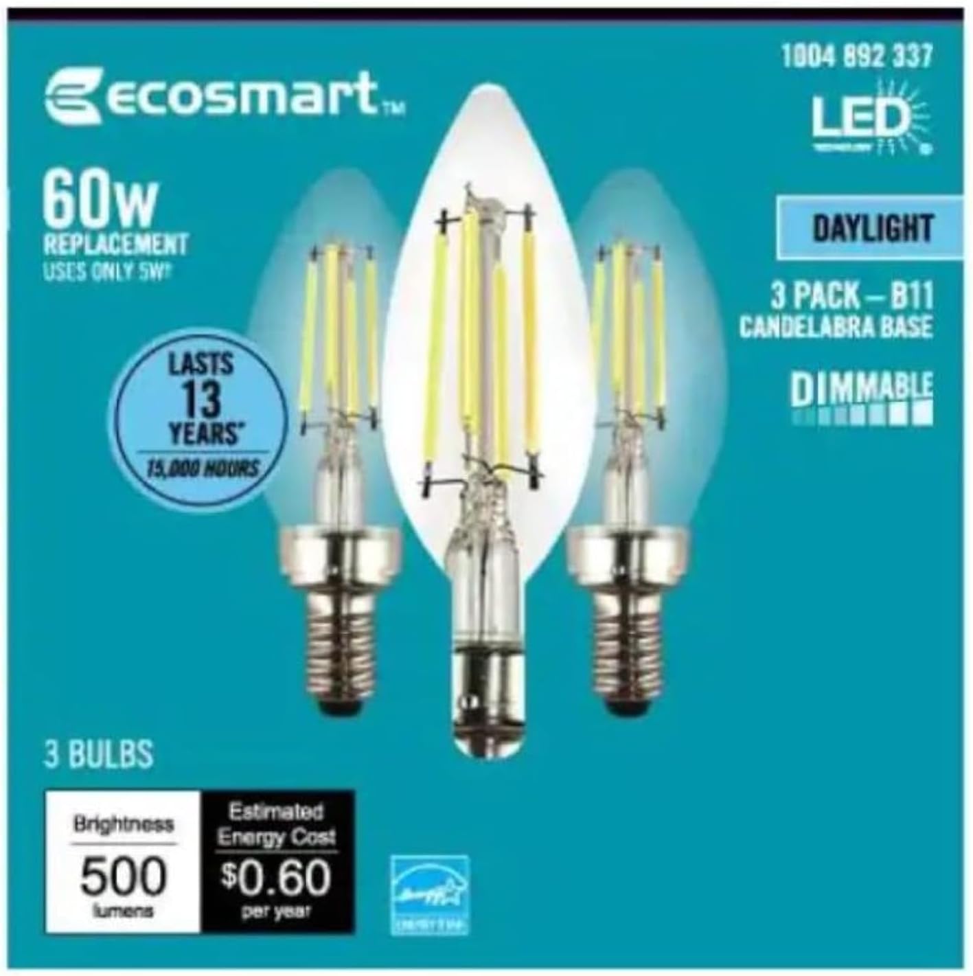 EcoSmart 60-Watt Equivalent B11 Dimmable Energy Star Clear Filament Vintage Style LED Light Bulb Daylight (3-Pack)