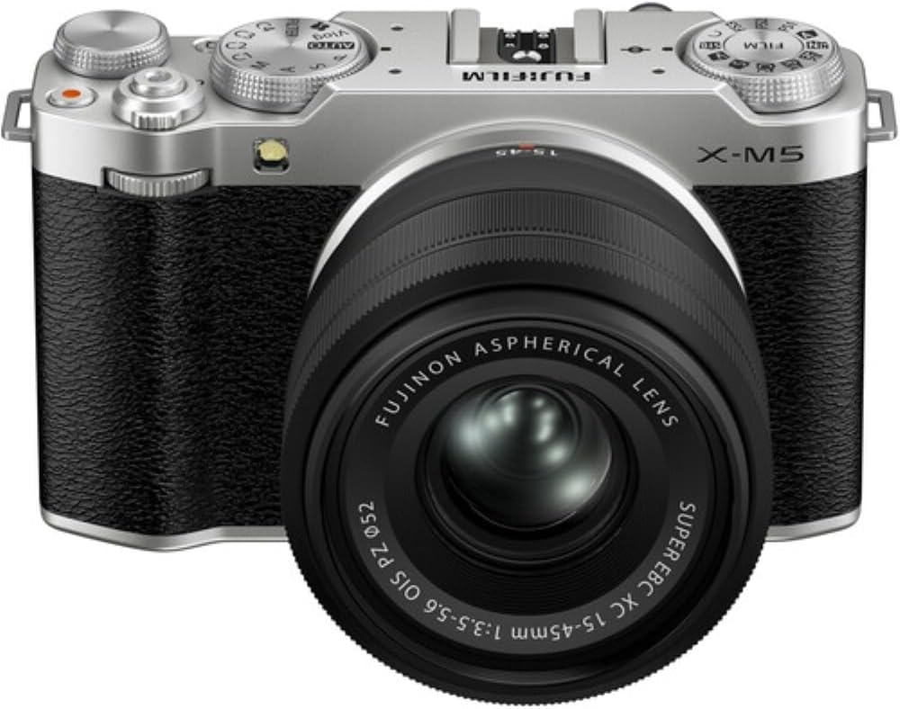 FUJIFILM X-M5 Mirrorless Camera with XC 15-45mm f/3.5-5.6 Lens | Silver Bundle with 64GB Memory Card + Battery Charger + UV Filter + Deluxe Photo Starter Kit + Cleaning Cloth (6 Items)