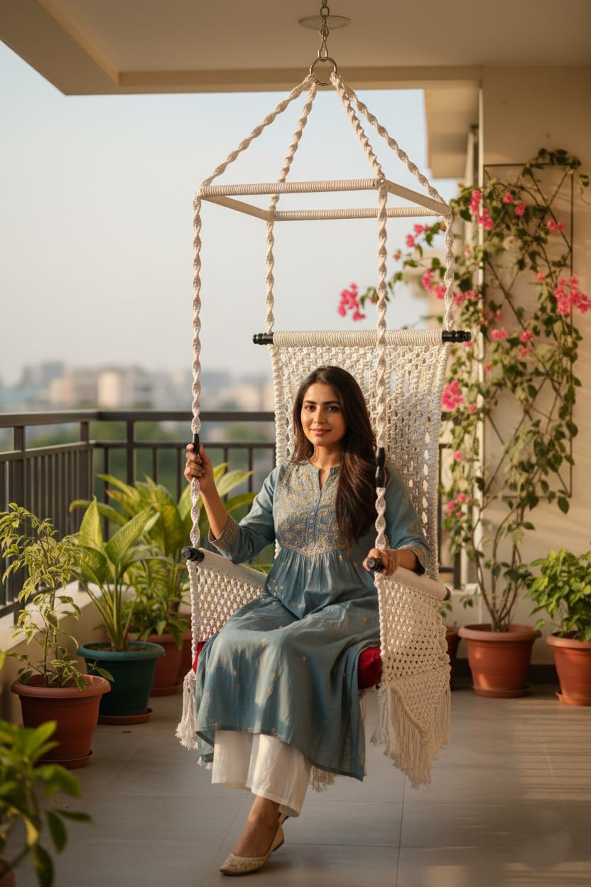 Patiofy Royal Maharaja Jhula/Swing For Adult/Swing For Balcony/Hanging Swing Chair/Swing For Balcony/ 200Kg Weight Holding Capacity/Free Hanging Kit & Cushion Included-White - Polyester,46 Cm