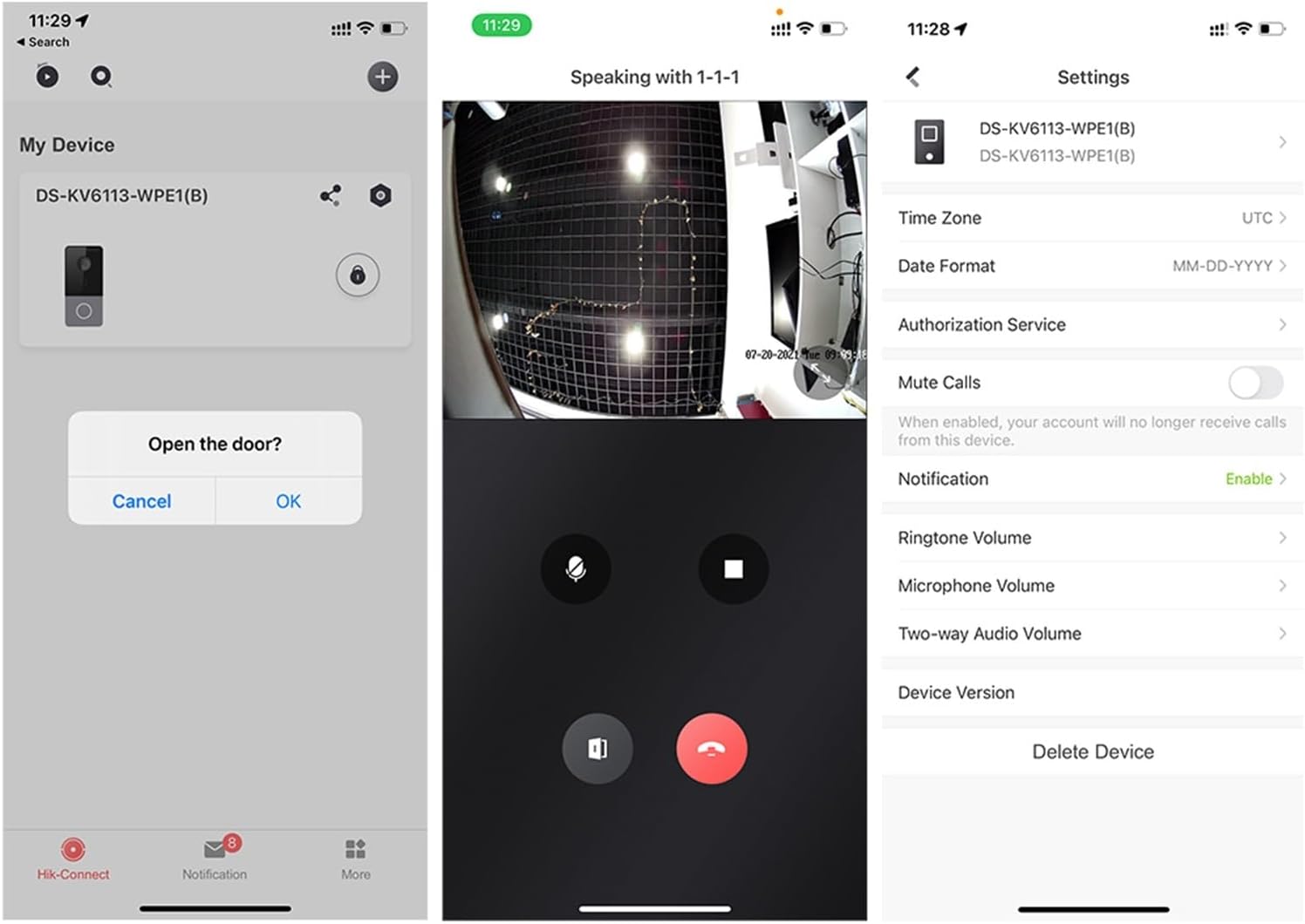 Screenshots of a mobile application interface showing device list, call screen with microphone and hang-up buttons, and settings menu for the intercom system.