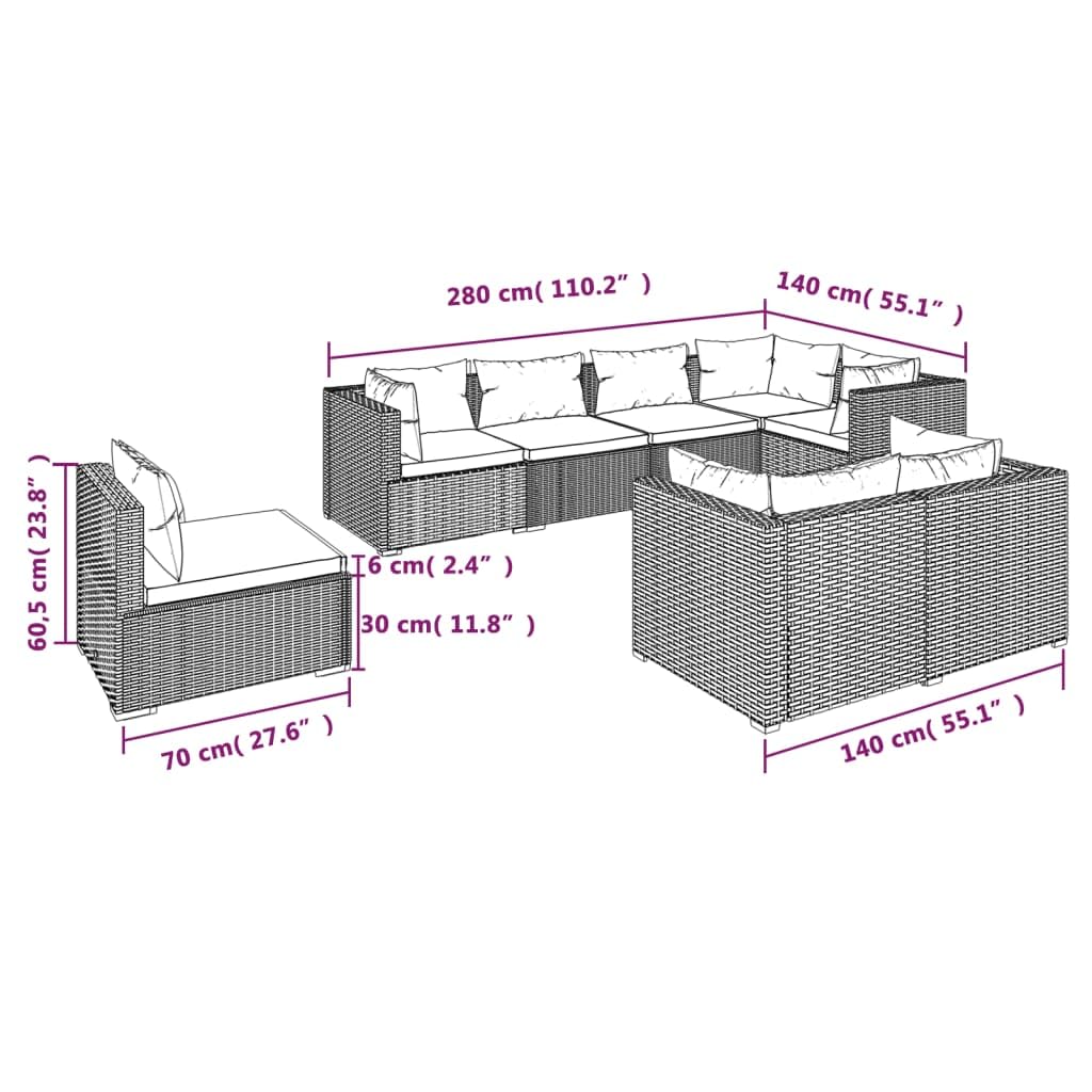 Set Divani da Giardino 8 pz in Polyrattan Modulare Nero | Salotto componibile da esterno in PE rattan con morbidi cuscini blu acqua. Ideale per relax in giardino, patio o terrazzo.
