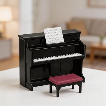 Miniature Upright Piano Set 116 Scale Black Mini Dollhouse Piano, Plastic Musical Instrument Figurine with Stool Sheet Music