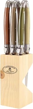Jean Dubost Laguiole 6-Piece Steak Knife Set, Mineral Handles - 1.2 mm Blades - Rust-Resistant Stainless Steel - Includes Wooden Block - Made in France