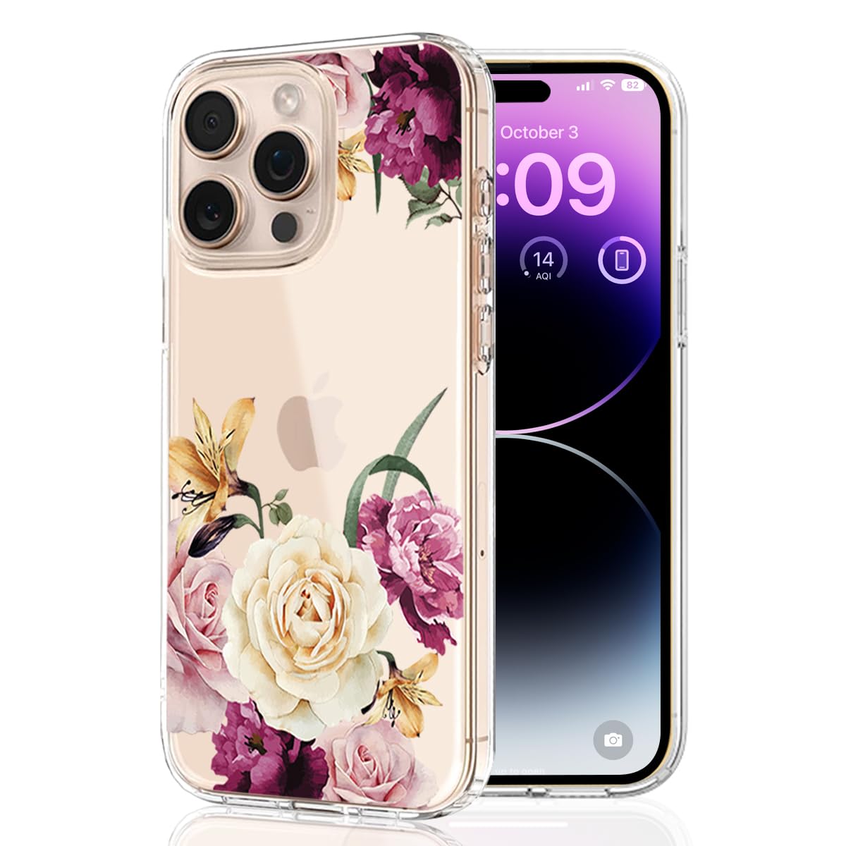 KEXAAR Compatible with iPhone 14 Pro Max Case, Clear Floral Flower Shockproof Protective Bumper Hard Back Slim Cute Clear Phone Cover for Women Girls