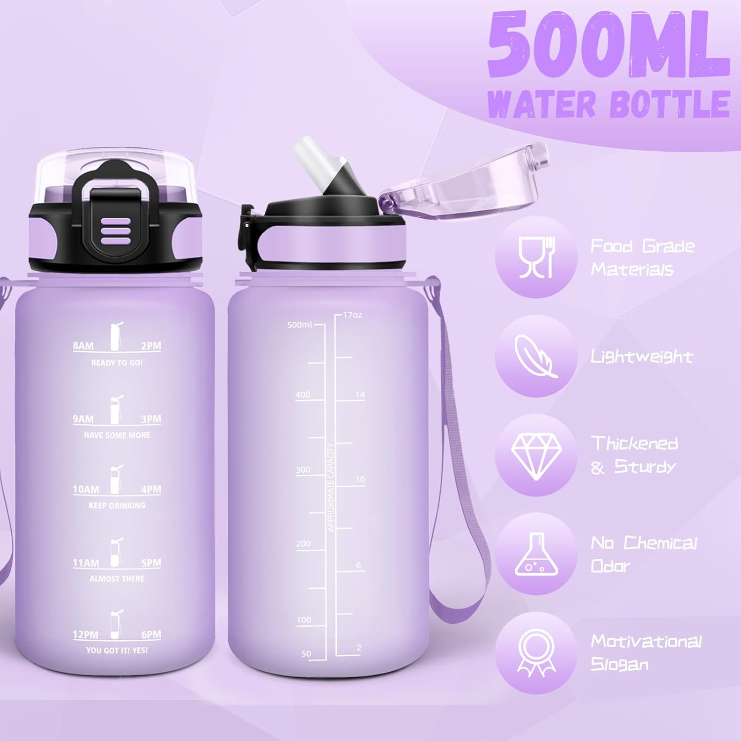 Children's Water Bottle, 500 ml, Water Bottle with Straw, Easy to Clean, Leak-Proof, Water Bottle with Time, Water Bottle for School, Travel, Camping, Running, Purple