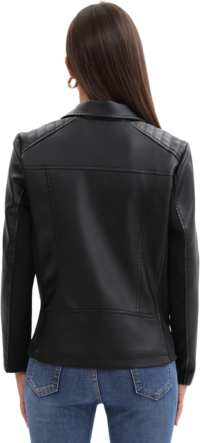 Womens Leather Jacket Bomber Motorcycle Biker Leather Coat Zip Front Elastic Side Fitted Style