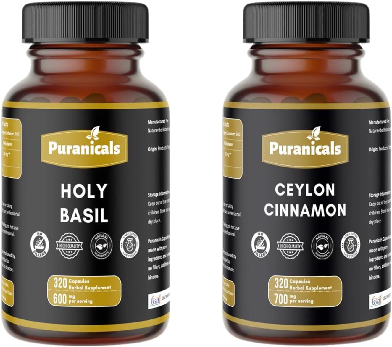 Holy Basil Capsules and Cinnamon Capsules – Herbal Combo Pack | Easy Daily Use | Non-GMO Ingredients, No Artificial Colors | 320 Capsules Each Bottle | Value 2-Bottle Set | Value Combo Pack