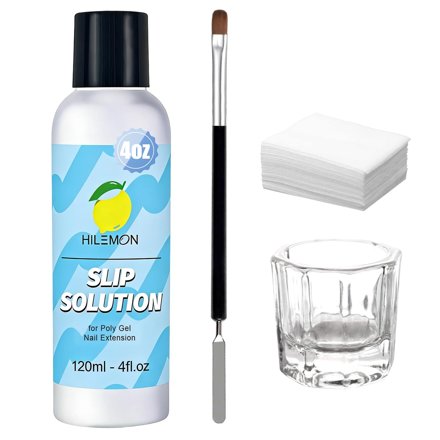 Poly Gel Slip Solution Set, 4Oz Liquid with Spatula-Brush Glass Cup Cotton