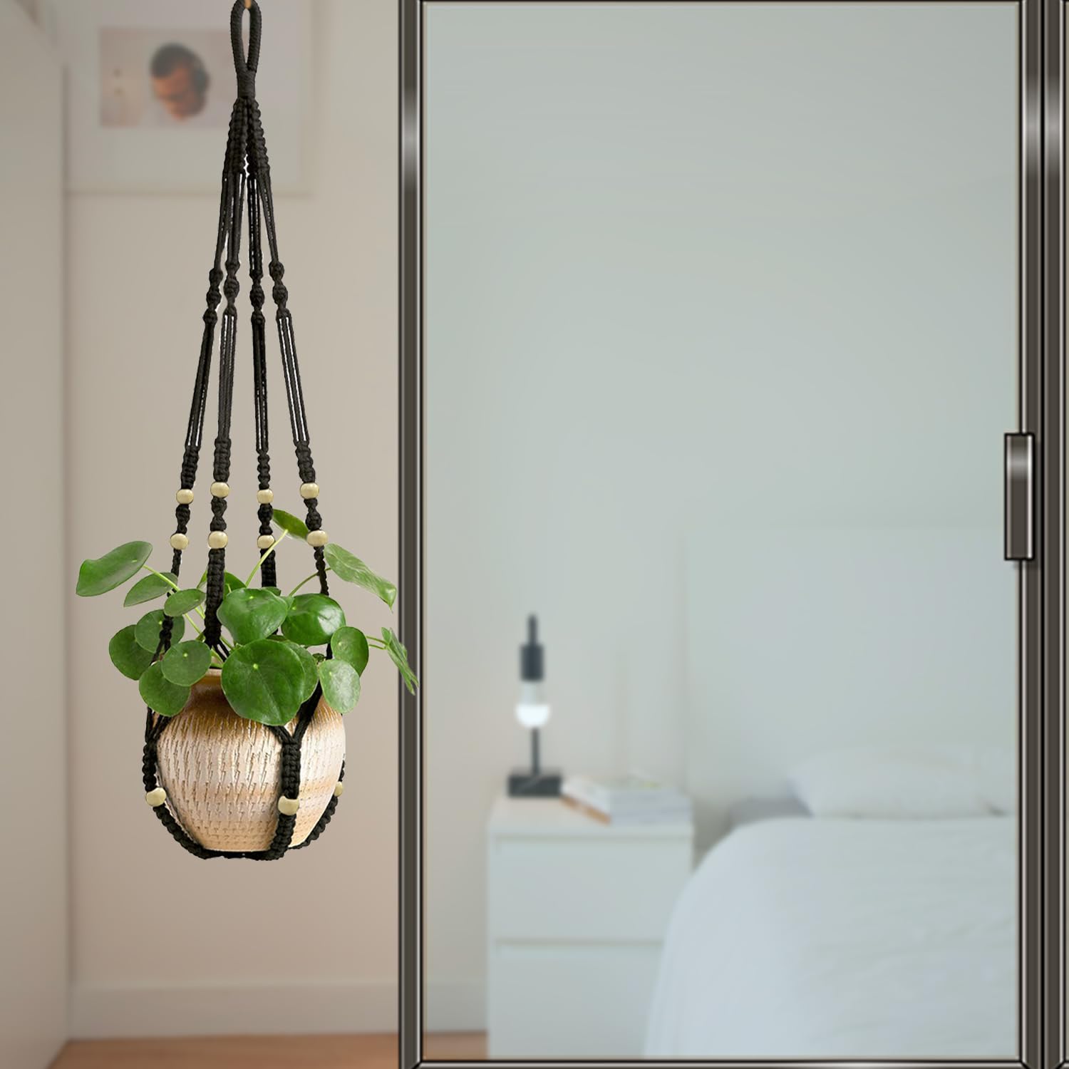 Love N Beyond Aster Macrame Plant Hangers, Unique Designs,Handmade Cotton Rope Hanging Planters Flower Pots Holder Stand, for Indoor Outdoor Boho Home Décor Without Tassel (Black Set of 2) 2