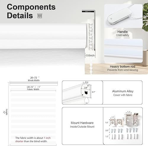 Miniatura 6 de Sylshine Home Persianas de cebra para ventanas de 21 x 72 pulgadas, persianas enrollables transparentes de doble capa gris con control de luz,