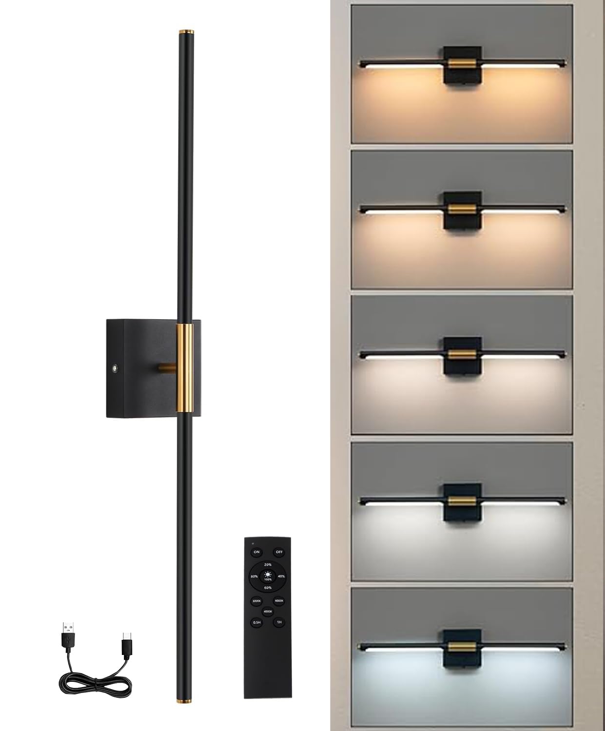 Afaiup Rechargeable Wall Lights,3 Colors Temperature Battery Operated Wall Light with Remote Control,Timer,Black Gold 27.56in Dimmable Modern Wireless Wall Lights for Bedroom Hallway Mirror,1 Pack