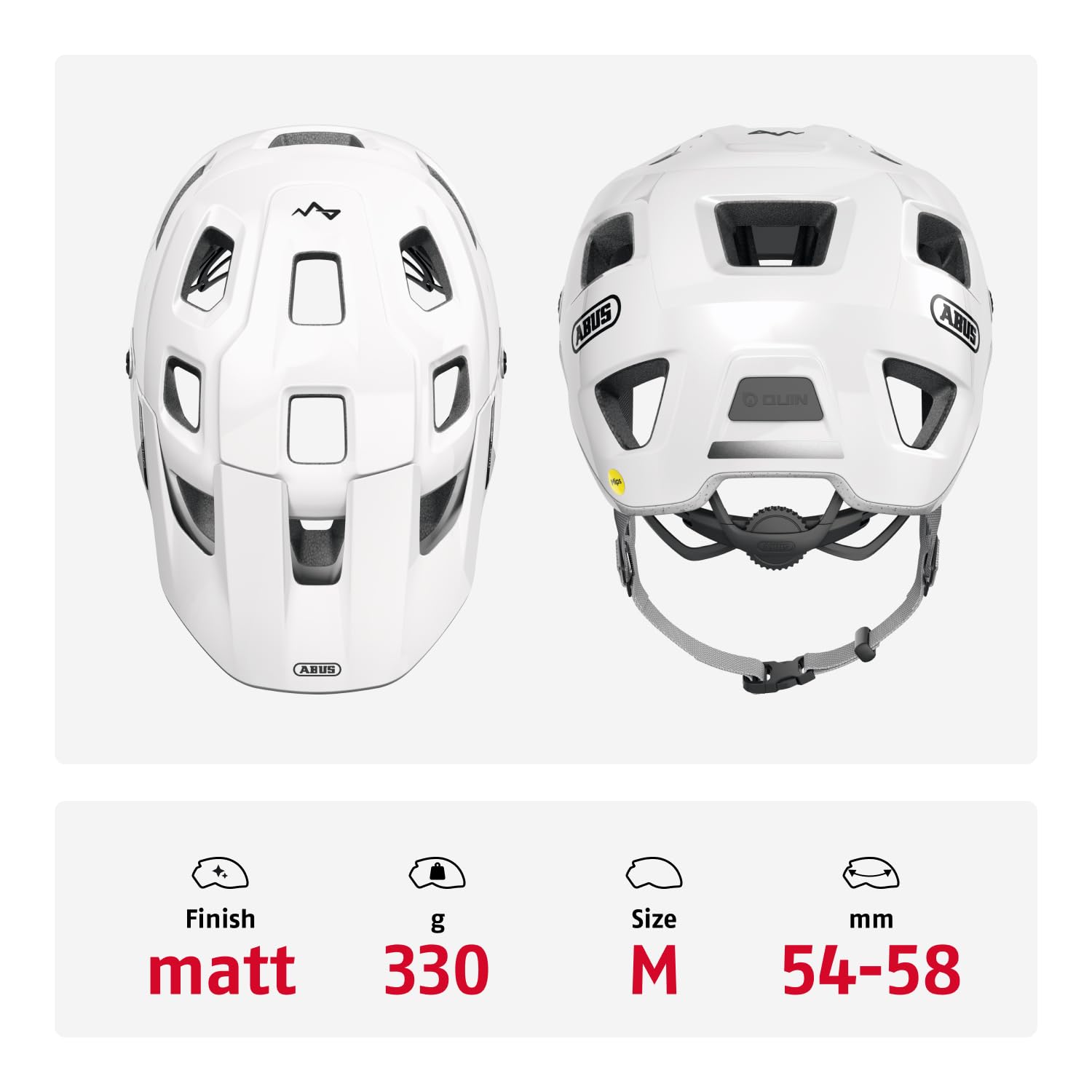 ABUS Casco MTB MoDrop MIPS, Blanco, M para Ciclismo Offroad | Casco de bicicleta con protección MIPS, sistema de ajuste Zoom Spin, con abertura para coleta