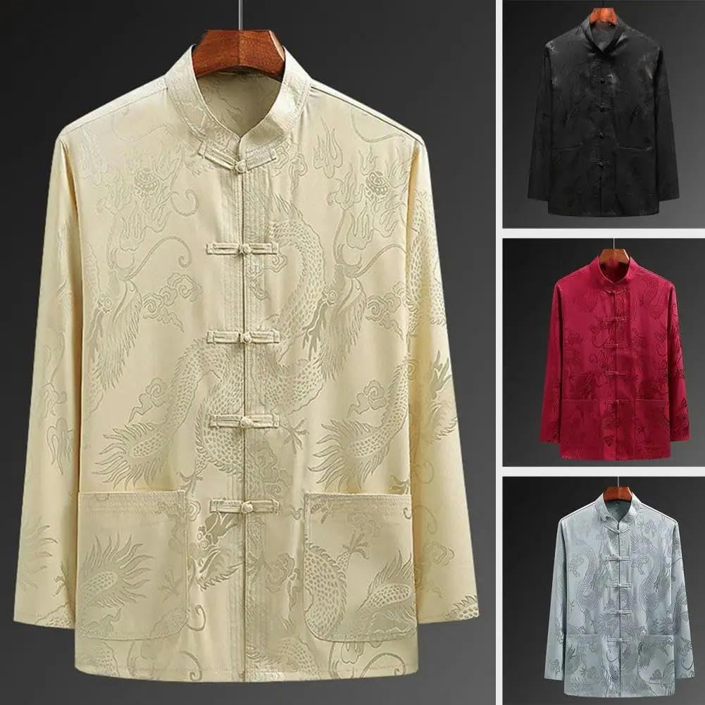 Chinese Traditional Men Tang Suit Stand Collar Long Sleeve Print Shirt Pockets Tai Chi Tops