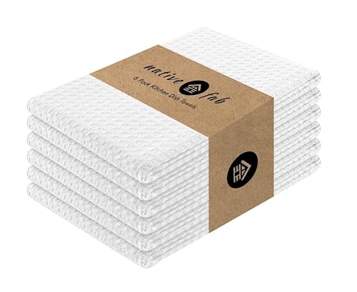 Native Fab Cotton Kitchen Towel with Hanging Loop 16x26 inches, 6-Pack, Waffle Weave Kitchen Towels for Cleaning Drying, Washcloths Soft & Absorbent Cloth Rags, Bar Towel, Dish Cloth, White