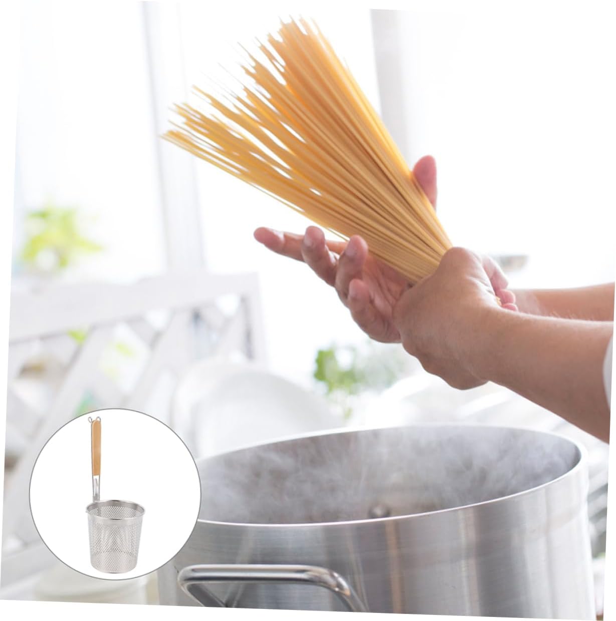 2pcs Stainless Steel Mesh Strainer Noodle Basket Perforated Cooking Colander for Asian Food Skimmer Ladle for Spaghetti Dumplings Ramen Versatile Kitchen Tool