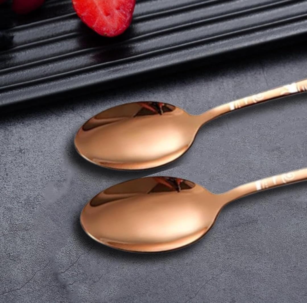 Shipnetic Classy Rose Gold Silverware Dessert Spoons with Floral Printed Handle | 5-Piece Premium Stainless Steel Flatware Set | Dishwasher Safe Cutlery Set for Home, Restaurant & Gifting 4