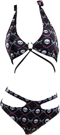 MEOWCOS Women Bikini Set Gothic Swimsuit Personalized Skull-Themed Print Bathing Suit