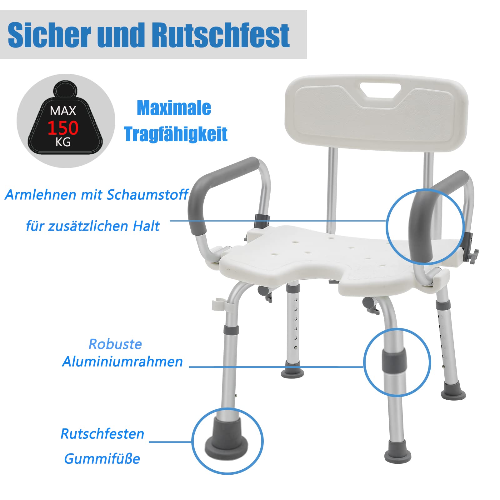 XMTECH Krzesło prysznicowe z regulacją wysokości, 6 stopni, 37,5 – 50 cm, taboret łazienkowy dla seniorów, z oparciem, podłokietnikami i poduszką siedziska z tworzywa EVA, pomoc pod prysznic, obciążenie do 150 kg