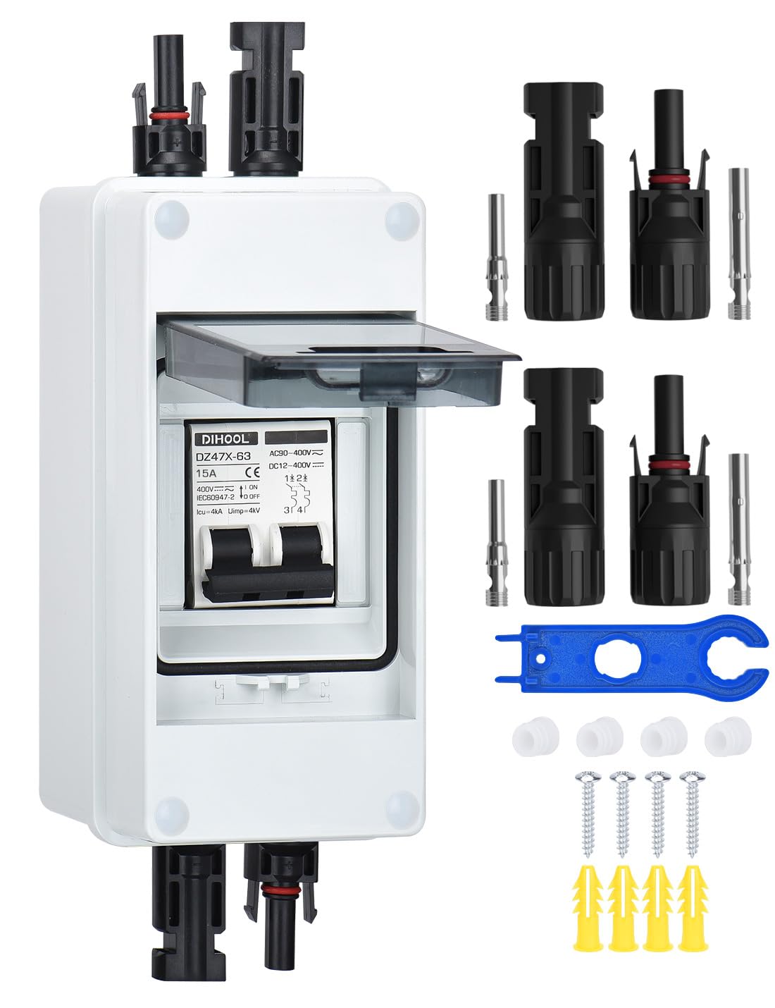 DC Trennschalter PV Anlage Leitungsschutzschalter Sicherungsautomat 2 Polig 15A 12V (12V-400V) Mit Kabel Solarstecker IP65 Wasserdicht Gehäuse