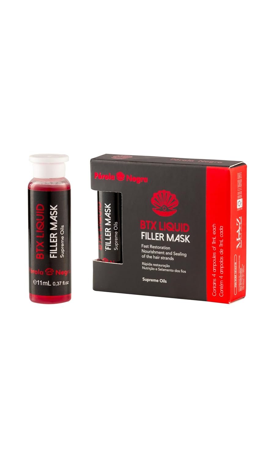 PÉROLA NEGRA Btx Liquid Filler Mask, Fast Restoration, Nourishment and Sealing of the Hair Strands, Box with 4 Ampoules of 11ml Each