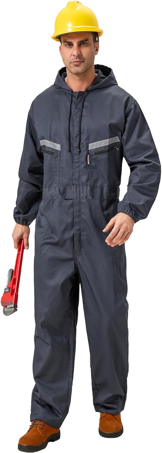 Mens Work Coveralls Mechanic Hooded Overall Workwear Jumpsuits Long Sleeve Hi Viz Coverall with Zippers