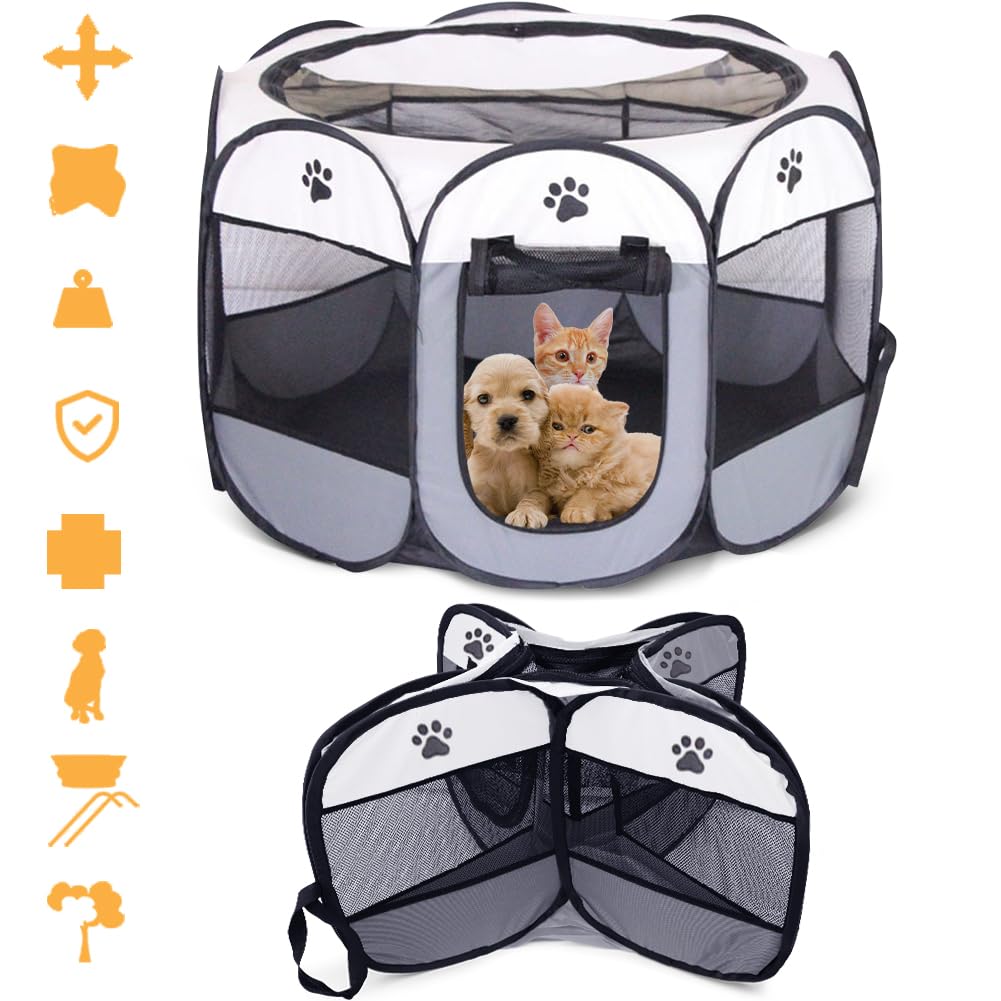 Recinto Cani da Interno, 74x74x43cm Recinto per Gatti, Box Pieghevole per Cane, Gabbia per Gatto Esterno, Box per Cucciolo Gattini Conigli, Grigio