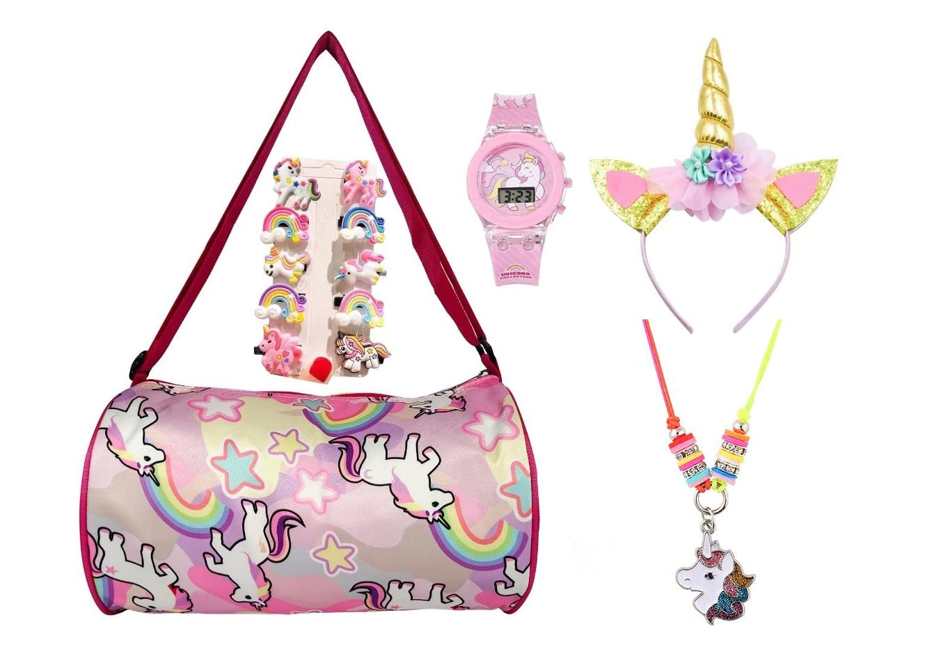 RedChimesPerfect Unicorn Combo Gift set for Baby Girls stylish Duffel Bag and Hair Clips, Watch, Necklace, headband, Style-3