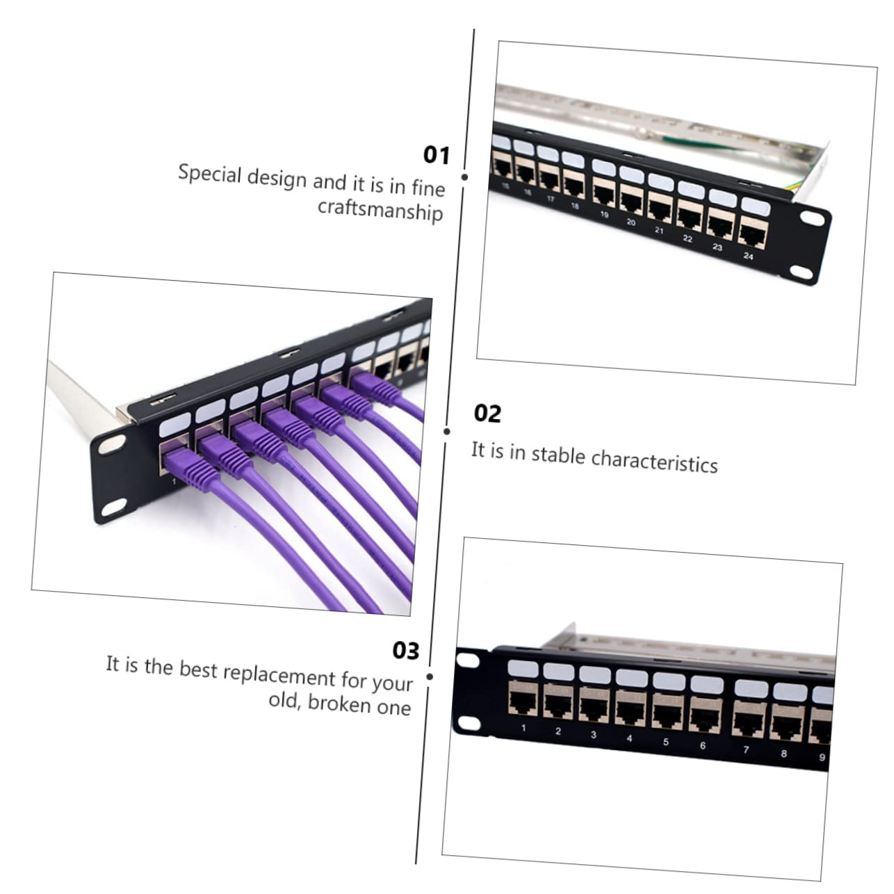 Panneau de Brassage Ethernet 19 Pouces, 24 Ports, Métal Noir, Montage en Rack, Non, pour Câbles Cat 5e à Cat 7