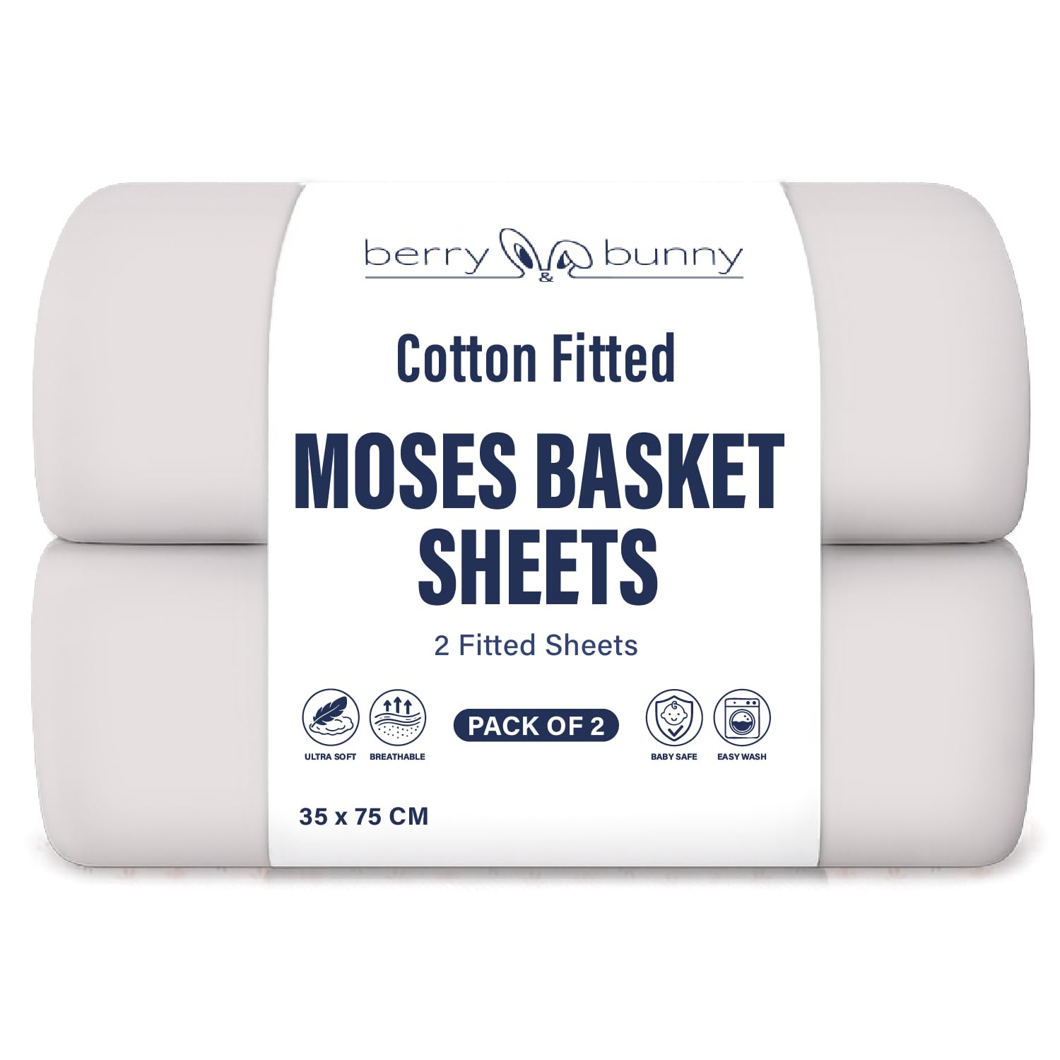 Berry and Bunny 100% Cotton Moses Basket Sheets Pack of 2, Soft Breathable Elasticated Baby Fitted Sheets, 35 x 75 cm, Deep Fit Mattress protector, Baby Bedding All Seasons