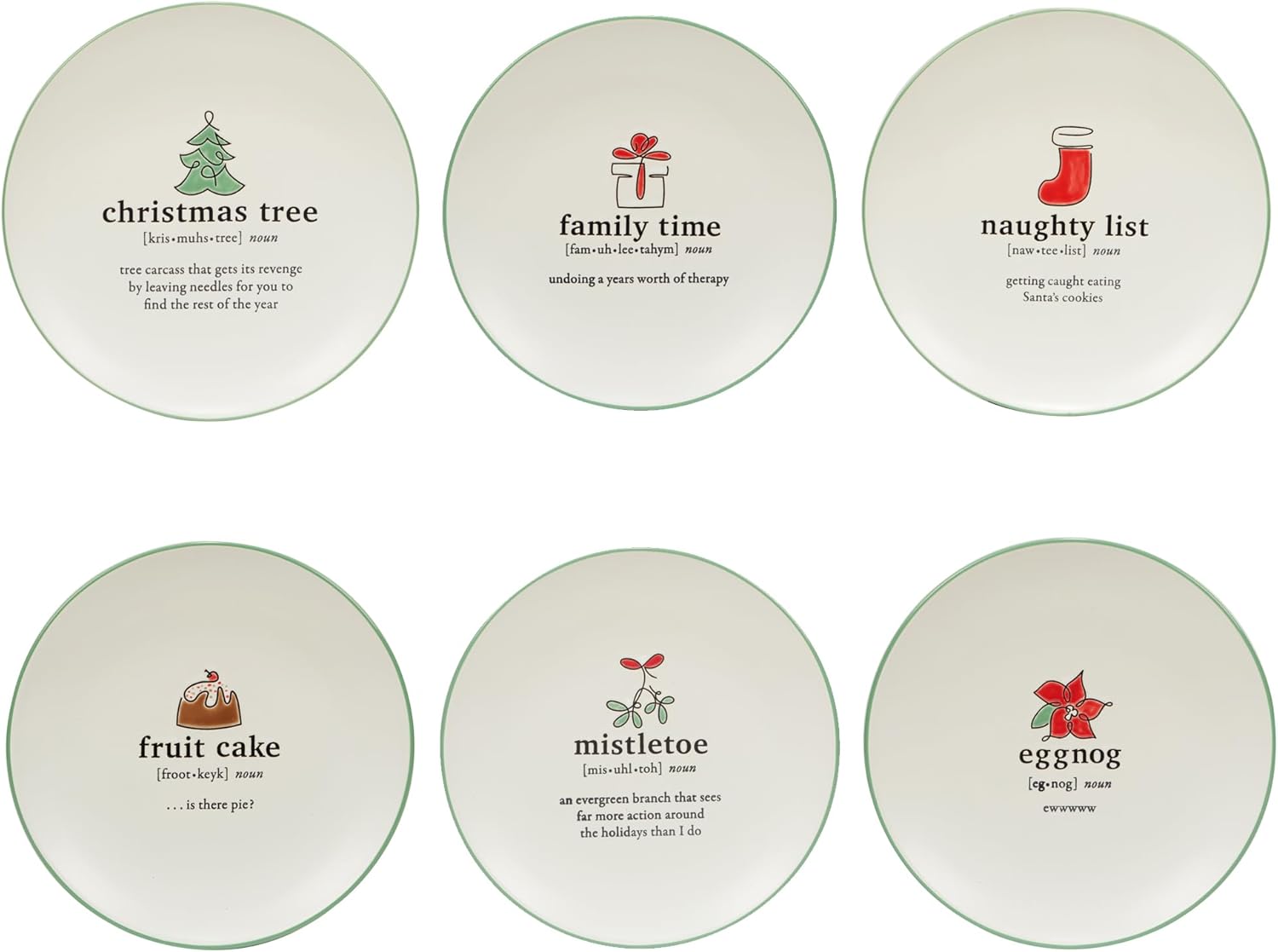 Certified International Christmas Fun Green Sayings 8.5" Dessert Plates, Set of 6 Assorted Designs