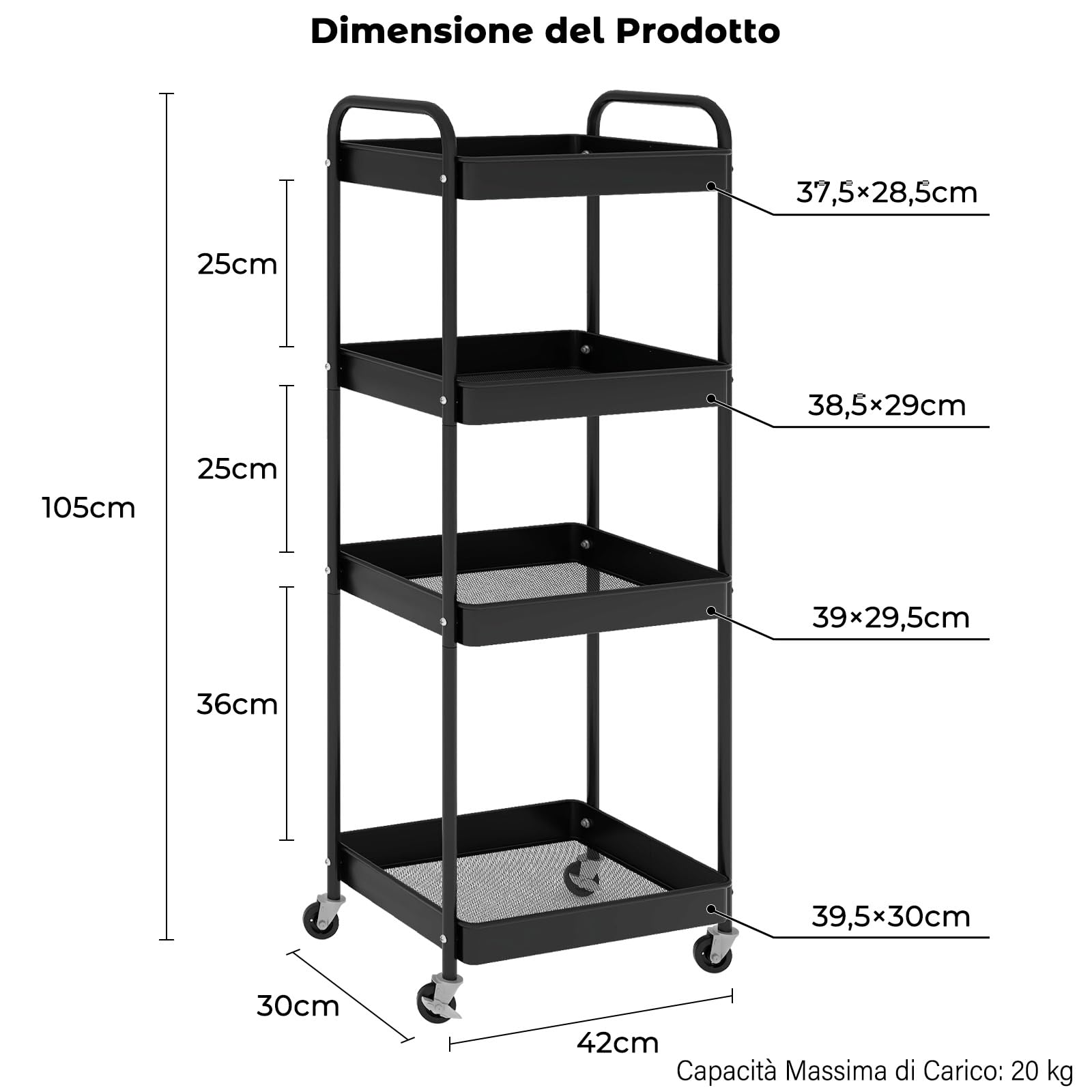 PUNCIA Carrello Portaoggetti a 4 Ripiani in Metallo, Carrello con Rotelle, Etagiera da Cucina con Ruote e Antiruggine, Facile da Pulire, Scaffale Mobile per Cucina, Soggiorno e Bagno (Nero)