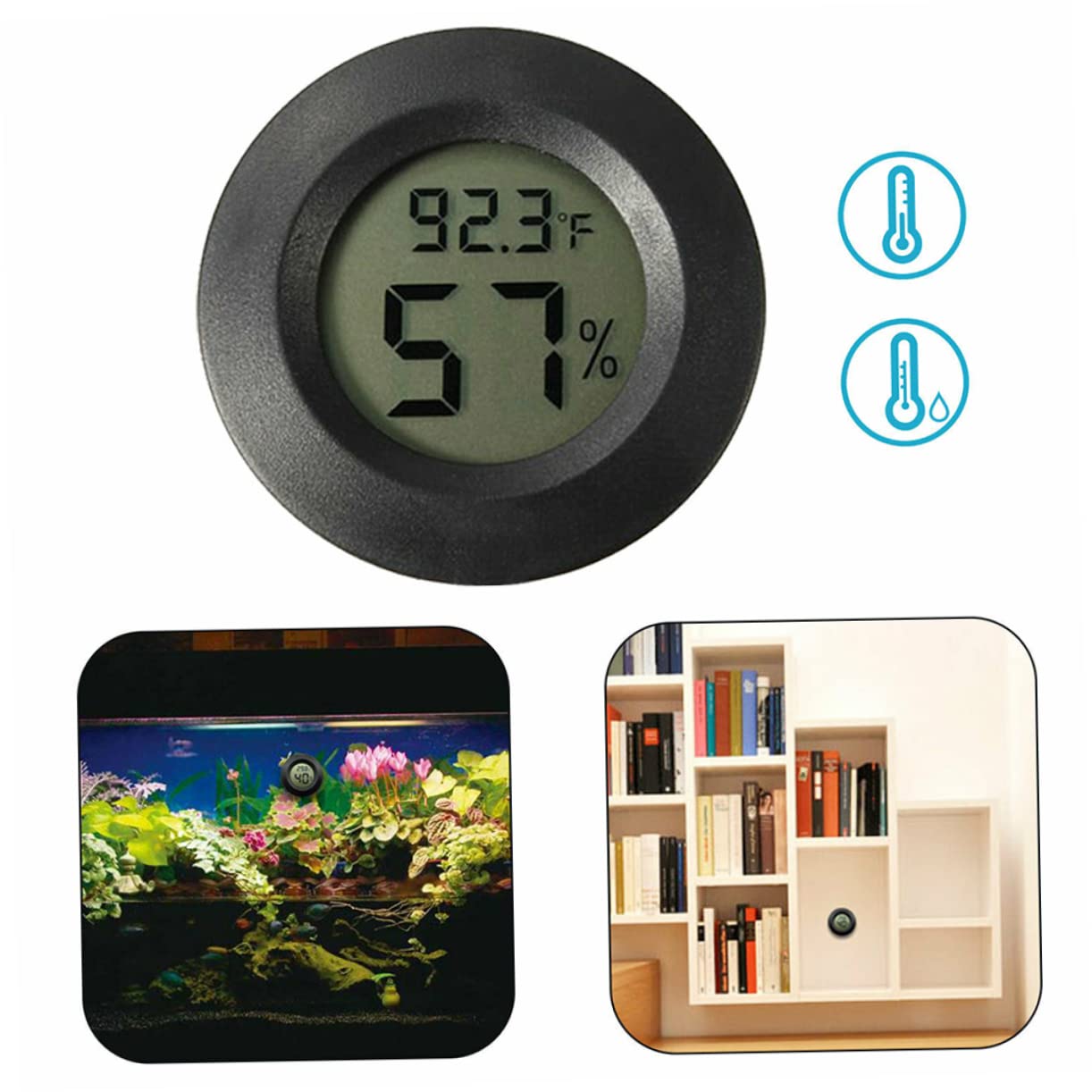 Sosoport 12pezzi Igrometro Digitale Rotondo per Rettili Termometro Elettronico Acrilico Misuratore di umidità e Temperatura per Casa e Negozio di Animali Nero